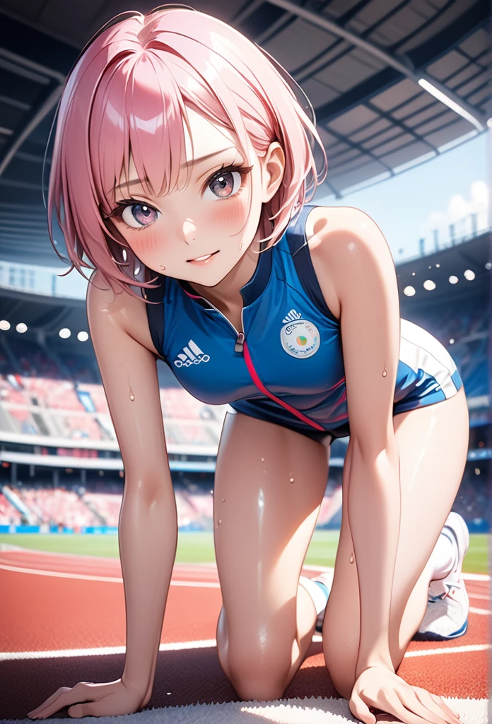 Female Olympians,(((Athletes' uniforms), (Shiny Costumes))), (Navel), skindentation, skinny, solo, 1 woman, Masterpiece, highest quality, highest quality, 16K, incredibly absurd, highly detailed, 2.5D, ai-generated, delicate and dynamic, very delicate facial expressions, delicate eye depiction, ??????, only sexy woman, ((A cute and kind face)), healthy figure, ((25-year-old woman)), 160cm tall, medium firm swaying bust, , (short hair), (pink hair:1.5), bob cut, black eye, blush, Sweat,Embarrassed,sexy, ((thin thighs)), (camel toe:0.7), (visible nipples:0.5), (????? nipples,:0.7), shiny and lustrous, facing straight at viewer,  (((in heat))), ((Oily_skin)), ((dutch angle)), ((?????? pose)), ((all fours)),, Athletics stadiums and Olympic venues on sunny days,