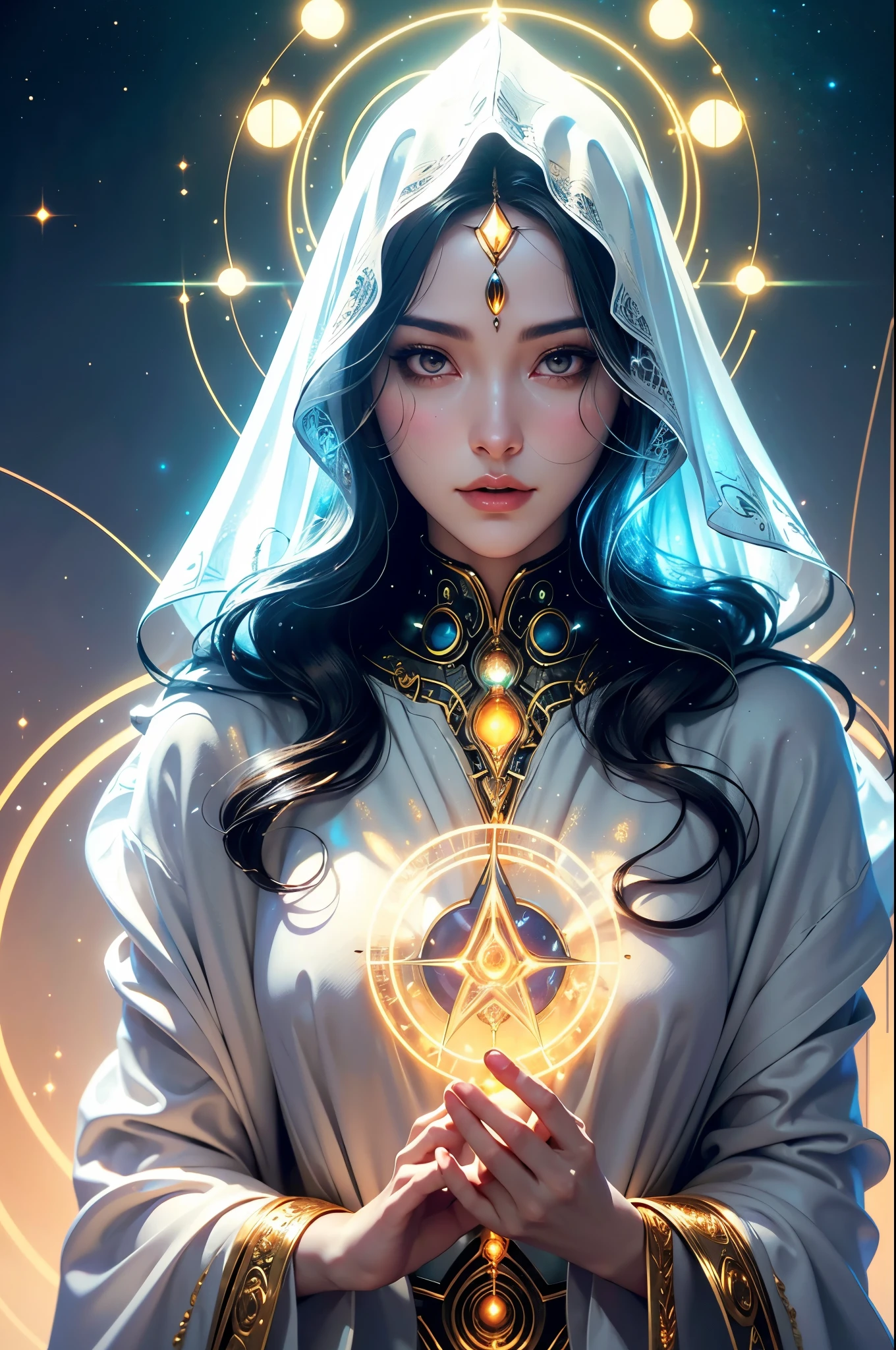 A humanoid cybernetic oracle with smooth, dark, matte metallic skin that appears almost organic, adorned with intricate, glowing golden circuitry resembling ancient arcane symbols, pulsing with a warm, ethereal light. Golden eyes gaze serenely, as if in deep meditation, amidst soft, peaceful facial features with a metallic sheen, subtly defined lips hinting at human warmth. A hooded white cloak with a silky, liquid-metal texture flows around the oracle's head, featuring complex, glowing golden patterns akin to celestial maps, pulsing with energy from the cosmos. In the background, an ethereal, abstract environment blends technological and mystical realms, with floating holographic symbols, ancient runes, and digital data streams. Soft, filtered lighting casts gentle shadows, emphasizing the oracle's divine presence, evoking awe and wonder. Inspired by the styles of Ash Thorp, Simon Stalenhag, and Loish, with a blend of photorealism and futuristic, otherworldly elements, the image exudes a sense of technological mysticism, where ancient secrets and future innovations converge.