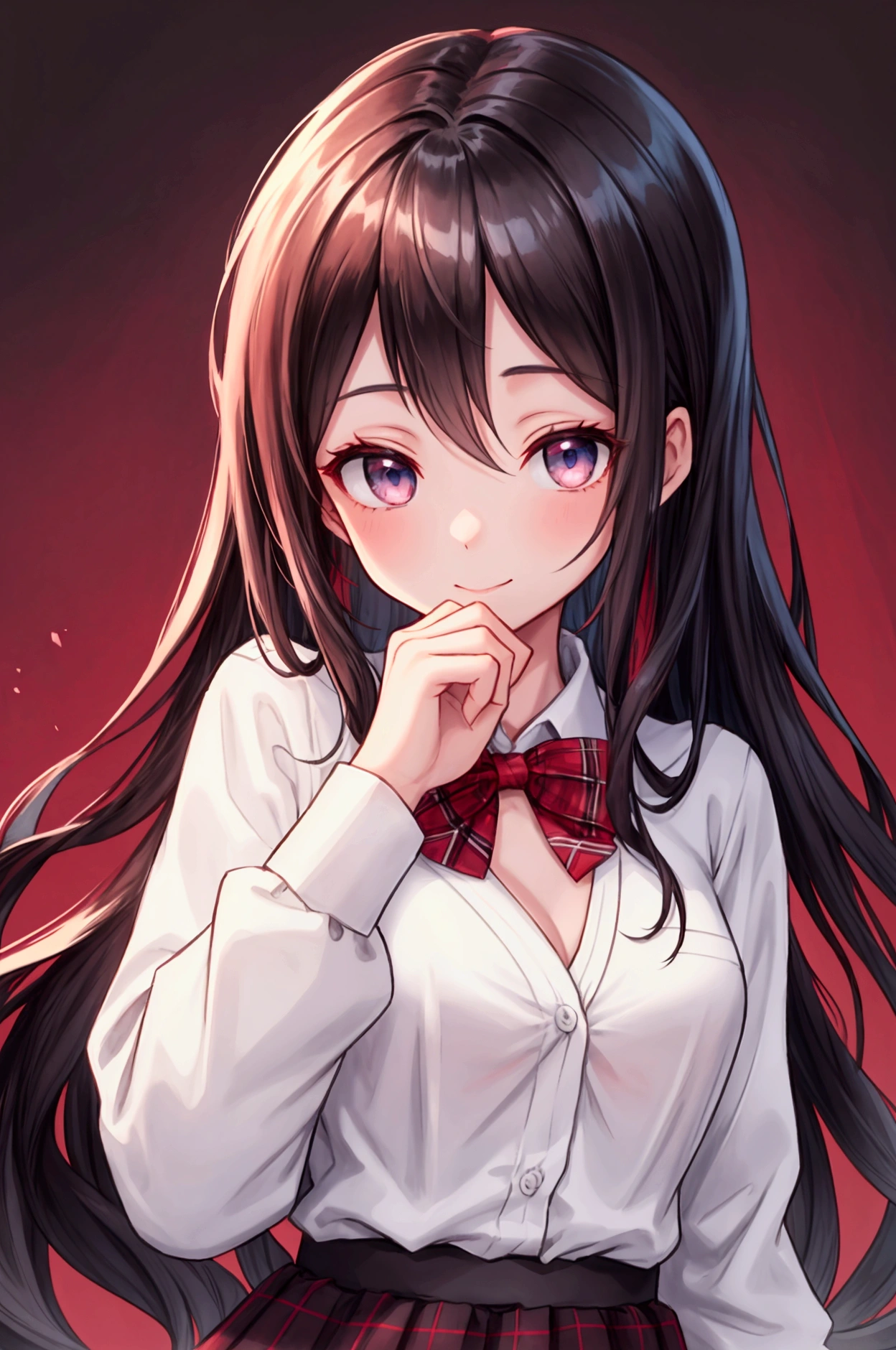 "A slender woman with long, flowing black hair, standing at 160 cm tall, weighing 45 kg, with a petite chest. Her eyes are a soft, pale blue, giving her a mysterious aura. She is wearing a break white collared shirt with a long sleeve pink knit cardigan over it. She pairs this with a dark brown pleated skirt and a dark red plaid bow tie, completing a stylish yet casual look. The image is rendered in ultra-high quality, capturing every fine detail with stunning clarity."