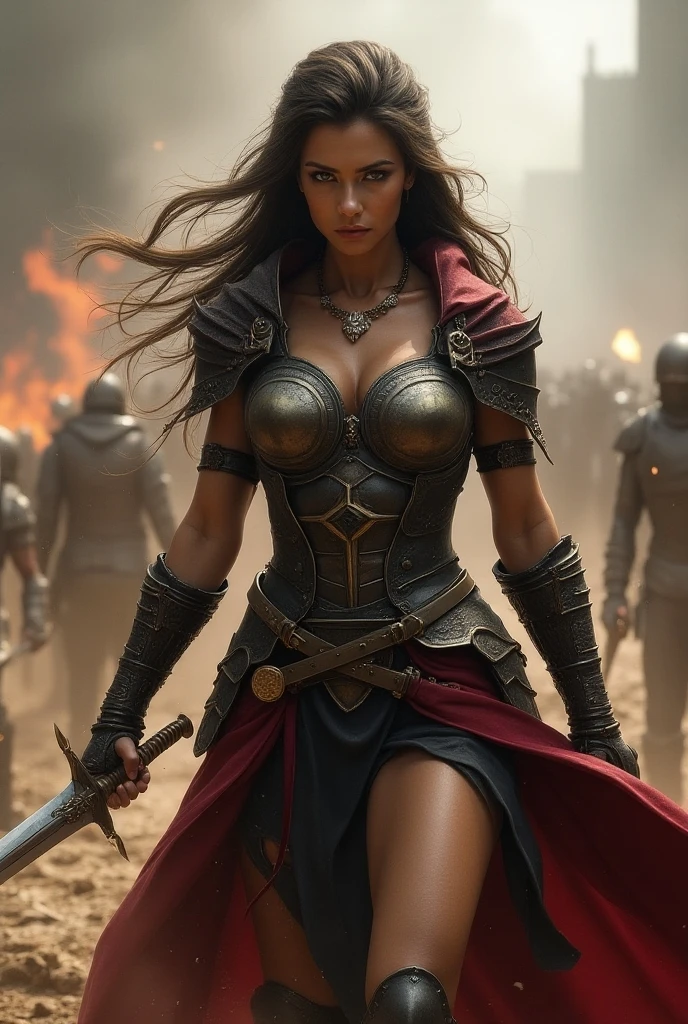 A close up portrait image of a Dungeons and Dragons Character, D&D, D&D artwork, D&D art style, a heroic warrior woman, wearing chainmail and a long dark cloak, busty, large swelling breasts, heaving breasts, muscle mommy, thicc, attractive face, big red lips, dark brows, (brunette milf face), (highly detailed face), ferocious woman, wielding a long sword, dark dungeon background, mid battle, during combat, (best quality), (high resolution), ((masterpiece))