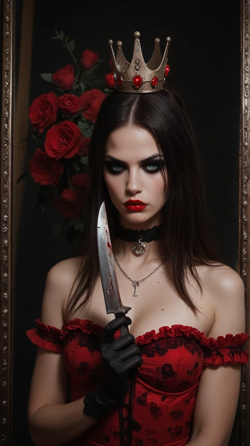 gothic lady with blood on her face in the middle of demons and little mice. imagen realista como caravaggio.