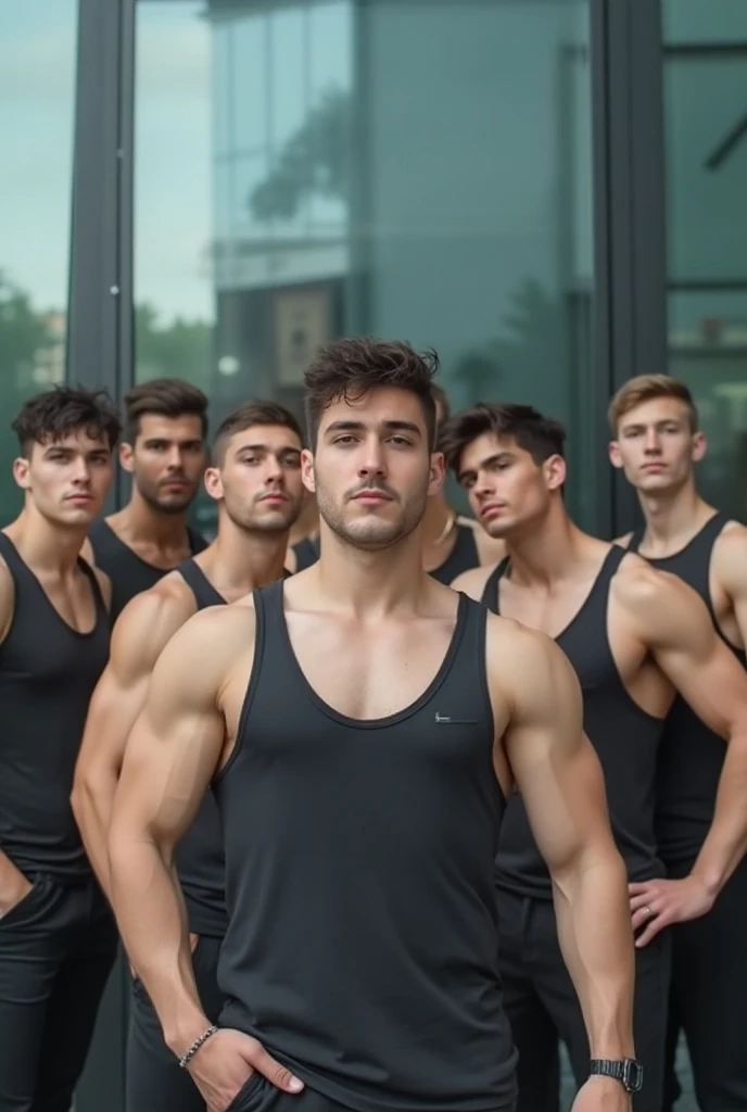 Group of sexy young guys in a store with their pants down showing their boxers 
[serious faces] [natural light] [big package] [sexy black boxers] [alley] [a boy taking a photo also in bo with bright xers lights]
