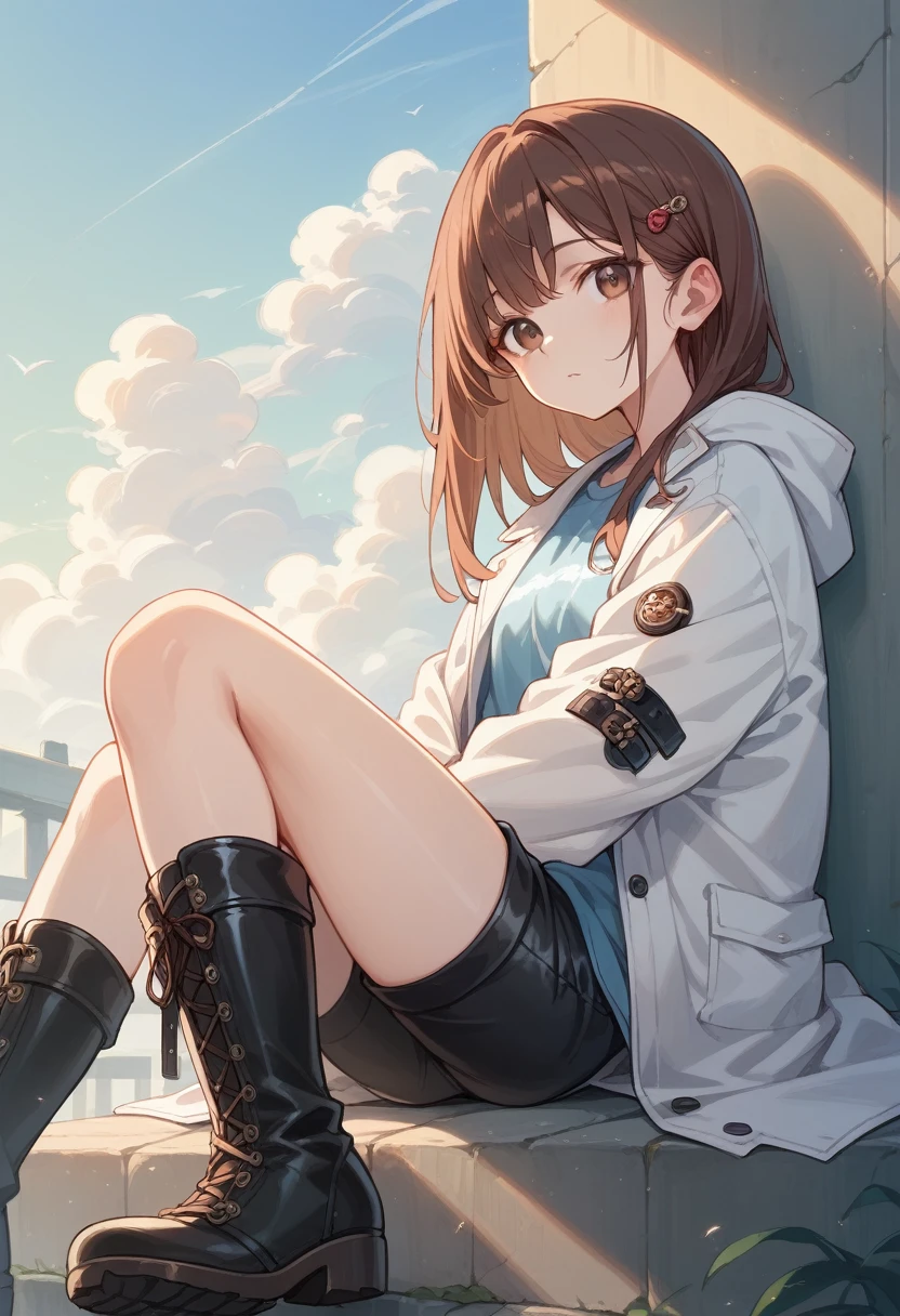 whole body,Cool beautiful girl, slim figure、 SOFT WHITE COAT,Sky Blue T-Shirt、Black hot pants,Leather boots、Cool Summer,Slightly pale skin,Bright brown eyes,Red brown hair color(Semi-D), hairpin