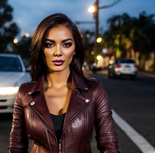  Best quality ,  Realistic ,  front first person ,   on the streets of Los Angeles , (a female mexican supermodel), ( sexy burgundy leather jacket:1.1), split,   seductive smile , (dark hair), (hairstyle:1.0), perfect eyes, sharp parts , detailed face, face makeup,  cheeks turn red ,  eyeliner , eye shadow, Lip gloss, leather pants, boots,  supermodel, (Deep Focus), (hard lighting), (night time), ( Realistic  lighting:1.0)