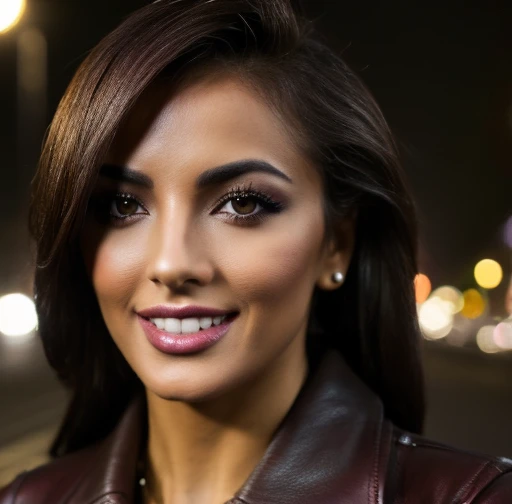  Best quality ,  Realistic ,  front first person ,   on the streets of Los Angeles , (a female mexican supermodel), ( sexy burgundy leather jacket:1.1), split,   seductive smile , (dark hair), (hairstyle:1.0), perfect eyes, sharp parts , detailed face, face makeup,  cheeks turn red ,  eyeliner , eye shadow, Lip gloss, leather pants, boots,  supermodel, (Deep Focus), (hard lighting), (night time), ( Realistic  lighting:1.0)