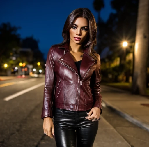  Best quality ,  Realistic ,  front first person ,   on the streets of Los Angeles , (a female mexican supermodel), ( sexy burgundy leather jacket:1.1), split,   seductive smile , (dark hair), (hairstyle:1.0), perfect eyes, sharp parts , detailed face, face makeup,  cheeks turn red ,  eyeliner , eye shadow, Lip gloss, leather pants, boots,  supermodel, (Deep Focus), (hard lighting), (night time), ( Realistic  lighting:1.0)