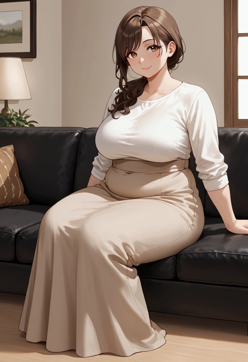 Chubby anime young woman, voluptuous, smiling, slightly wavy hair, brown hair, hip length hair, low ponytail, parted on left side bangs, brown eyes, mature, full body shot, fully clothed, brown long skirt, white shirt, living room, sitting in couch 