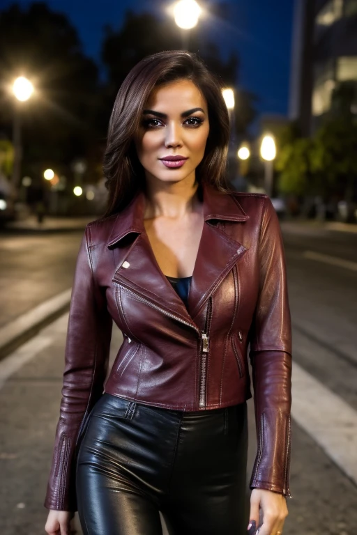  Best quality ,  Realistic ,  front first person ,   on the streets of Los Angeles , (a female mexican supermodel), ( sexy burgundy leather jacket:1.1), split,   seductive smile , (dark hair), (hairstyle:1.0), perfect eyes, sharp parts , detailed face, face makeup,  cheeks turn red ,  eyeliner , eye shadow, Lip gloss, leather pants, boots,  supermodel, (Deep Focus), (hard lighting), (night time), ( Realistic  lighting:1.0)