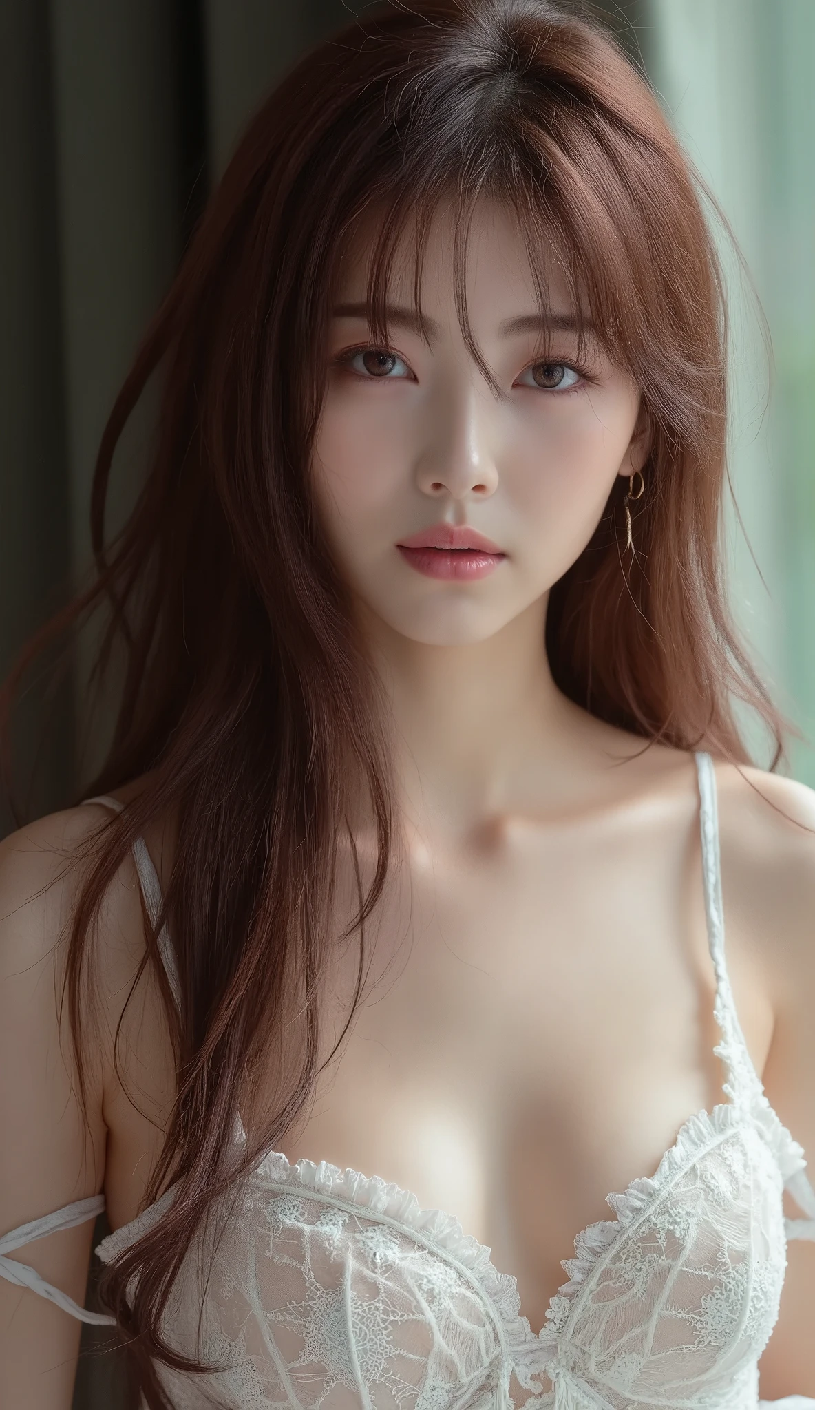   a super realistic portrait of a beautiful wavy East Asian young slender woman , Long Hair. , Her skin is white, Delicate, Soft characteristics,  and she has very cute eyes .  she wears white lace underwear  ( low-rise T-back lying by the window ), E cup bra, Legs and thighs,  Blur the background ,  in a prison room in the woods , 窓際に横たわる,  Let's put them to sleep on the bed and play ,  you should focus on her calm yet relaxed expression lying by the window,  maroon hair naturally flows down the shoulders , Full body images,
