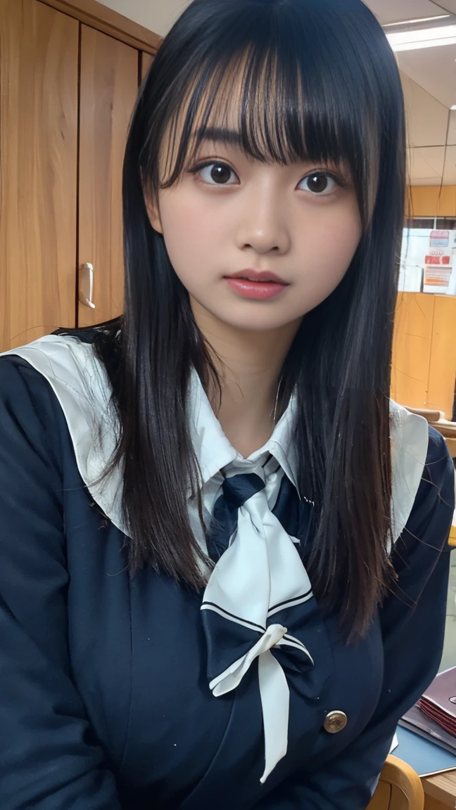 Highest quality, RAW Photos, Realistic, face, Incredibly ridiculously beautiful girl, cute, Long Hair, Depth of written border, High resolution, 超detailed, detailed, Very detaileded, extremely detaileded eye and face, Sharp pupils, Realistic student, Sharp focus, Cinema Lighting, Flat Chest, small breasts, small,( small bust: 1.2), The usual bust, (The usual), thin, Delicate and sexy collarbone, (Sailor suit:1.2), (Lifting Sailor suit to show off a small white bra:1.5)))、