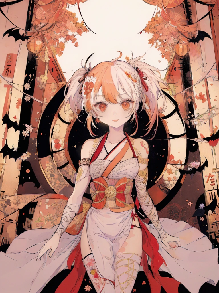 (((  best quality)), ((masterpiece)), ( Details), (Japanese Torii Gate,  Japanese festival:1.2),  one mummy girl ,Golden Eyes,  white skin, red hair,  twin tails,Bandaged arm, bandaged legs ,Bandaged Face,Open white kimono ,flower pattern, Jack Lantern pattern,Asymmetrical bangs, Crazy Smile ,Red lips,Showing teeth,  Jack O Lantern Hair Ornament ,  slim figure, Thin chest,Chibi ,Japanese bat lanterns,  Bats Are Flying 