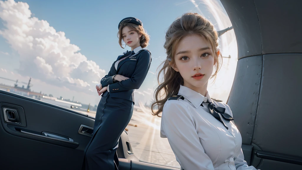 (Best quality, 8k, 32k, Masterpiece, UHD:1.2), (realistic:1.5), (masterpiece, Extremely detailed CG unity 8k wallpaper, best quality, highres:1.2), (ultra detailed, UHD:1.2), Photo of extremely cute and beautiful Japanese woman, (chestnut long wavy hair:1.2), adult, (detailed beautiful girl:1.4), best quality, woman, adult, (detailed US air-force pilot uniform:1.5), (white pilot captain jacket:1.3), (white high-waist pencil skirt:1.3), detailed clothes, (Beautiful sunset US air force base runway view background:1.3), embarrassed laughing:1, light smile, looking at viewer, facing the viewer, ((perfect female body)), (narrow waist:1.2), (upper body image:1.3), slender, abs, (large breasted:1.25), ((frame the head)), wind, dynamic pose, cinematic light, back light, perfect anatomy, perfect proportion, detailed human body, stylish model pose,
