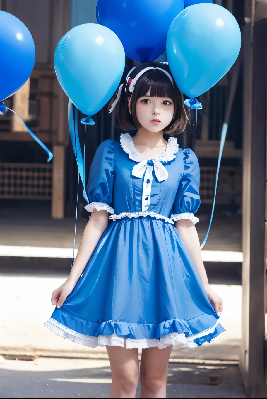 a  girl holding a lot of balloons, real photo, full body, (((stomp balloon))), twin tails,