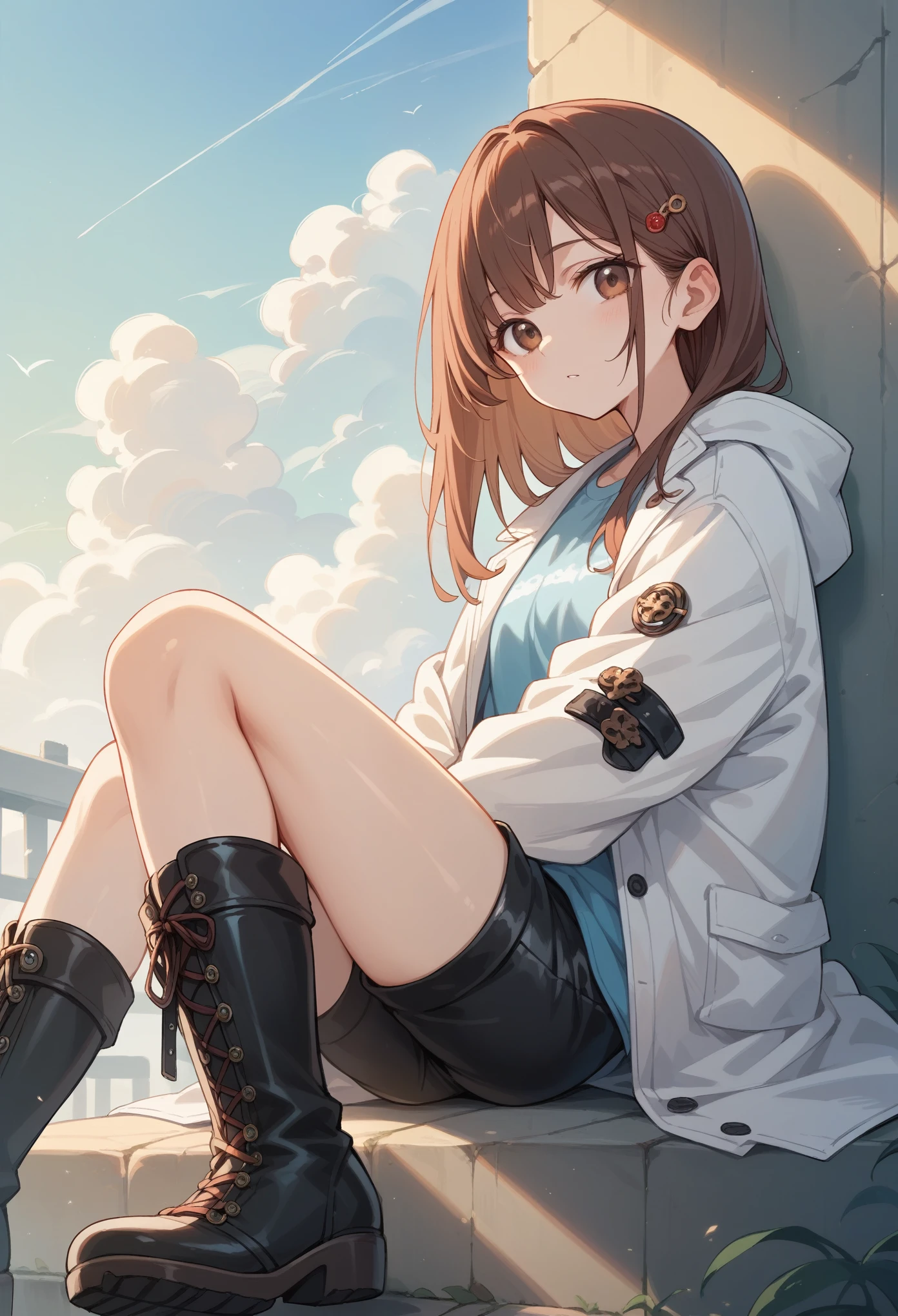 whole body,Cool beautiful girl, slim figure、 SOFT WHITE COAT,Sky Blue T-Shirt、Black hot pants,Leather boots、Cool Summer,Slightly pale skin,Bright brown eyes,Red brown hair color(Semi-D), hairpin