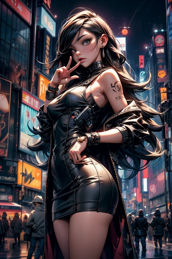 ((Realistic lighting, optimal quality, 8K, masterpaintings:1.3)),（ sharp fokus:1.2）, Girl Huge breasts, （Beautiful Women with Perfect Figure:1.4），Slim：1.1, ((long and dark brown hair)),（（length hair）） ，（（ringlets）），(red-white qipao:1.4）,（exteriors，during night：1.1），urban street，High-rise buildings and deep alleys，Ultra-fine face，Fine eyes，双眼皮，