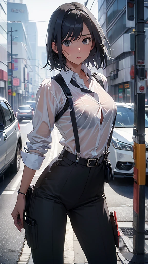 Woman in a suit, belt, Hands on back,  sweaty,  suspenders,  black pants , Sexy, Large Breasts, see-through clothing, rain, Detective,  office worker ,  White Button Up Shirt , ( best quality,4K,8k, High Resolution ,masterpiece:1.2),Ultra-detailed,(Realistic,photoRealistic,photo-Realistic:1.37), Beautiful Detail ,Highly detailed face and body, slender　thin　 suspenders　Medium Breast　 see-through shirt 　Nipples　　Lock　pistol　Armament　Criminal　Female Criminal　knife　Japanese　 profile 　Japanese women　Arrest Handcuffs　belt rain　See-through　holster　 leg links　Armament　
