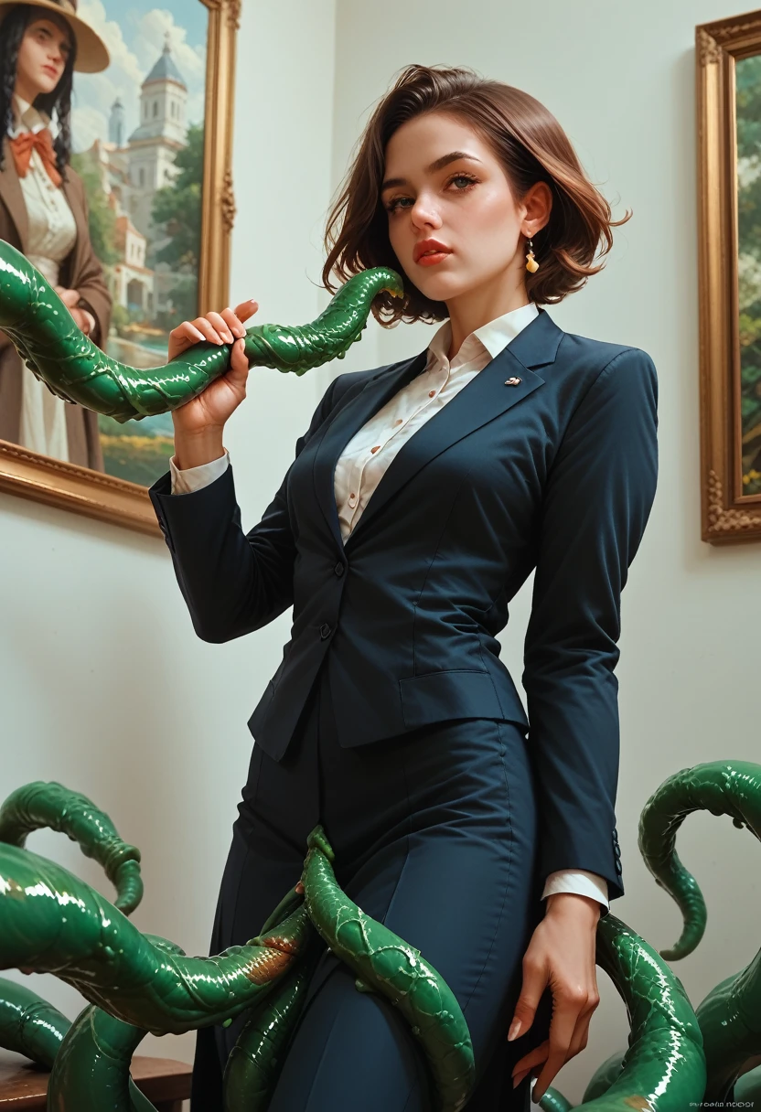 Woman, business suit, standing infront of a wall painting of green tentacles