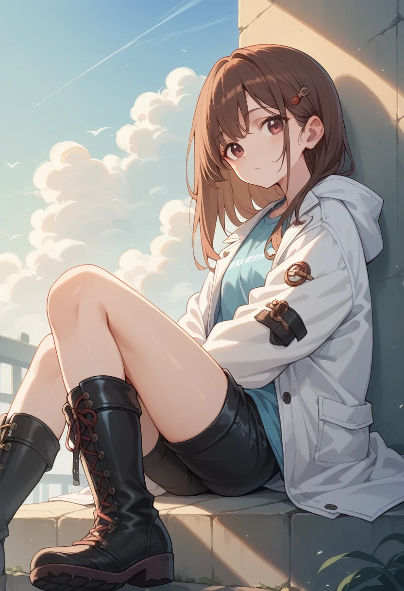 whole body,Cool beautiful girl, slim figure、 SOFT WHITE COAT,Sky Blue T-Shirt、Black hot pants,Leather boots、Cool Summer,Slightly pale skin,Bright brown eyes,Red brown hair color(Semi-D), hairpin