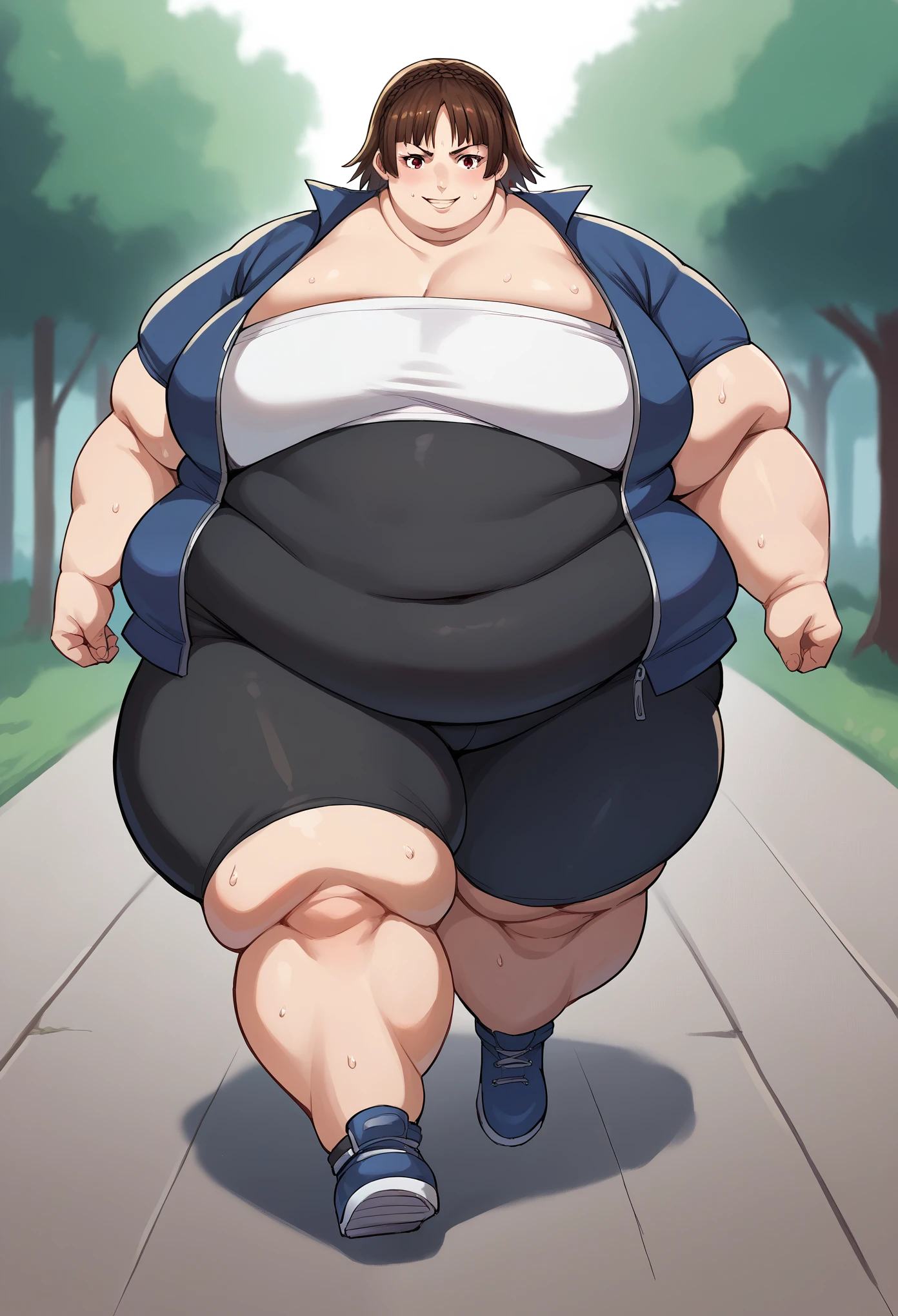 score_9, score_8_up, score_7_up, source_anime BREAK 1girl, makoto niijima, ganryu, tube top, dark blue jacket, black bike shorts, red light district, smile, walking, sweating, growing fatter, fat, chubby, obese, full body shot, gigantic arms and legs