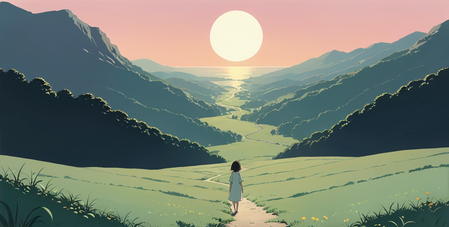 (minimalism:1.4), Lofi anime style, Studio Ghibli art, Miyazaki ,pastel , cute ,minimalist , SPIRITED AWAY From Hayao Miyazak ,No one is there , No people , Landscape