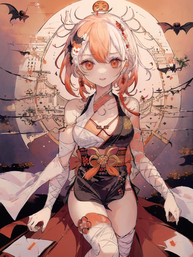 (((  best quality)), ((masterpiece)), ( Details), (Japanese Torii Gate,  Japanese festival:1.2),  one mummy girl ,Golden Eyes,  white skin, red hair,  twin tails,Bandaged arm, bandaged legs ,Bandaged Head,Bandaged neck,Open white kimono , sleeveless,flower pattern, Jack Lantern pattern,Asymmetrical bangs, Crazy Smile ,Red lips,Zombie Makeup,Showing teeth,  Jack O Lantern Hair Ornament ,  slim figure, Thin chest,Chibi ,Japanese bat lanterns,  Bats Are Flying ,Mini-ghosts are dancing