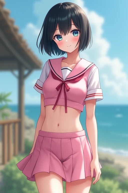  1 girl,Age 30,Perfect hands, Perfect Fingers, Perfect Anatomy, masterpiece,  best quality,Realistic, hyperRealistic, 16K HDR, short hair, Black Hair, blue eyes, (See through the pink sailor suit,Pink super mini skirt:1.3),Outdoor,standing,(Happy smile), clevis,erected nipples,( sexy pose, spread his legs:1.2),belly button