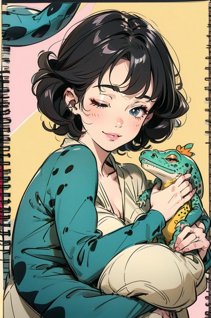 (Best Quality、sketch: 1.2)、Real、Illustrator、anime、 1 girl 、Detailed lips、Ron T 、 Custom Characters 、Light solid color background、 Neon Shorthair 、Curly Hair、 Texture Trimming 、 Beautiful Breeder 、masterpiece、style:  Retro Classic Dark Black 。 A leopard print gecko is sleeping in the palm of my hand。 World's Cutest Smile 。 Gecko Love 。 Pet Love Shape 