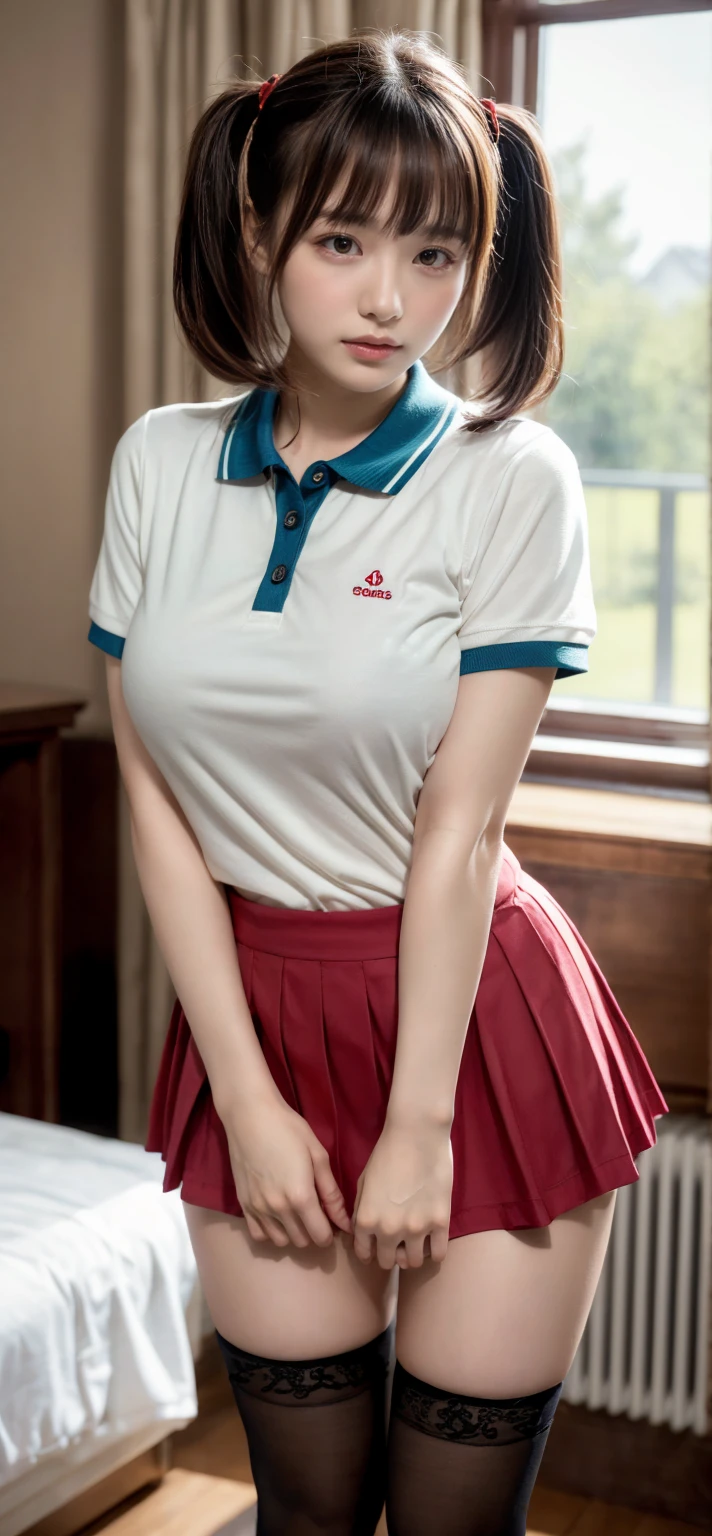 1 girl with red hair in braids, body and face facing the front of the screen, eyes looking straight, looking forward, hair woven with many flowers, white skin, big breasts, big butt, multicolored short skirt, polo shirt white, with angel wings, a forest background of reed flowers, standing seductively