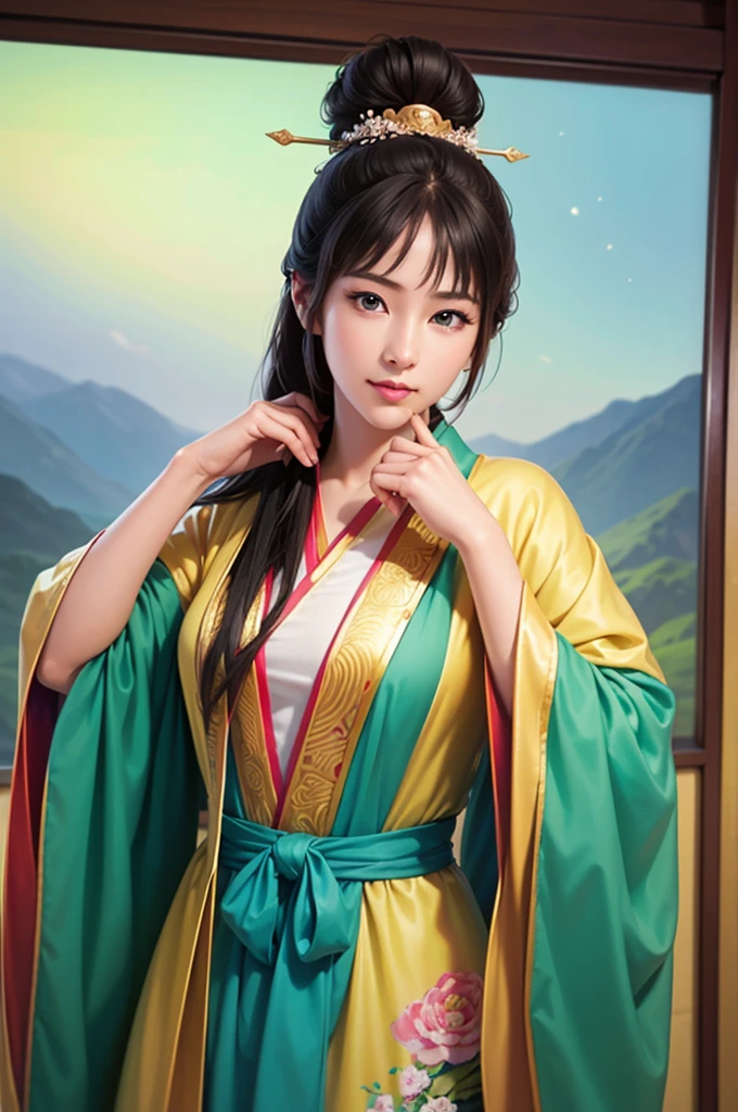 Han Dynasty Landscape、Three Kingdoms、(Best Quality,4K,8k, High Resolution ,masterpiece:1.2)、 very detailed ,  High Resolution ,、Hyper HD、 Studio Lighting 、Ultra-fine painting、  sharp focus lined up in such poses、  physically-based rendering 、  very detailed 説明、 professional、  bright colors、Traditional Chinese Painting Techniques、  atmospheric lighting 、 Vivid color contrast、 very detailed 目と顔、  beautiful attention to detail 、  light shines on the face 、Hanfuを着た少女、(Hanfu: 1.1)、Eye color is dark green、((( 1 girl)))、 anatomically correct