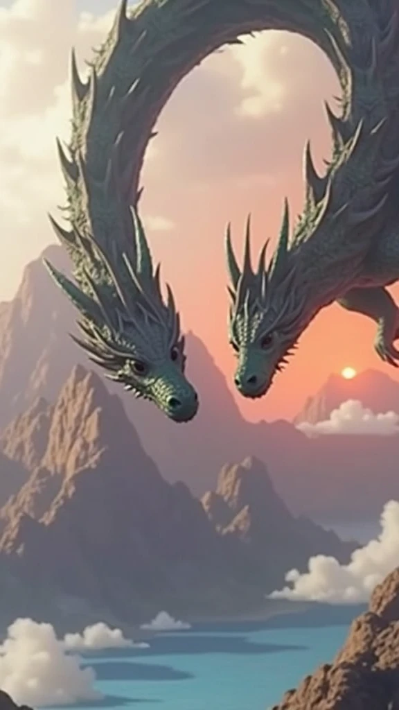 Make me an ultra realistic image. Make a beautiful and grand valley, there is a waterfall in the center. Make two dragon statues in this valley, They're staring at each other. sunset.
