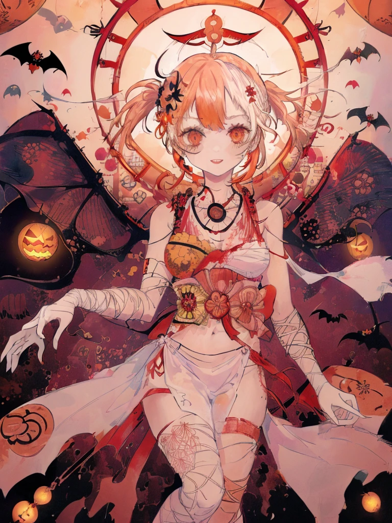 (((  best quality)), ((masterpiece)), ( Details), (Japanese Torii Gate,Shrine grounds,  Japanese festival:1.2),  one mummy girl ,Golden Eyes,  white skin, red hair,  twin tails,Bandaged arm, bandaged legs ,Bandaged Head,Bandaged neck,Bandaged Chest,Open white kimono , sleeveless,flower pattern, Jack Lantern pattern,Asymmetrical bangs, Crazy Smile ,Red lips,Zombie Makeup,Showing teeth,  Jack O Lantern Hair Ornament ,  slim figure, Thin chest,Chibi ,Japanese bat lanterns,  Bats Are Flying ,Mini-ghosts are dancing