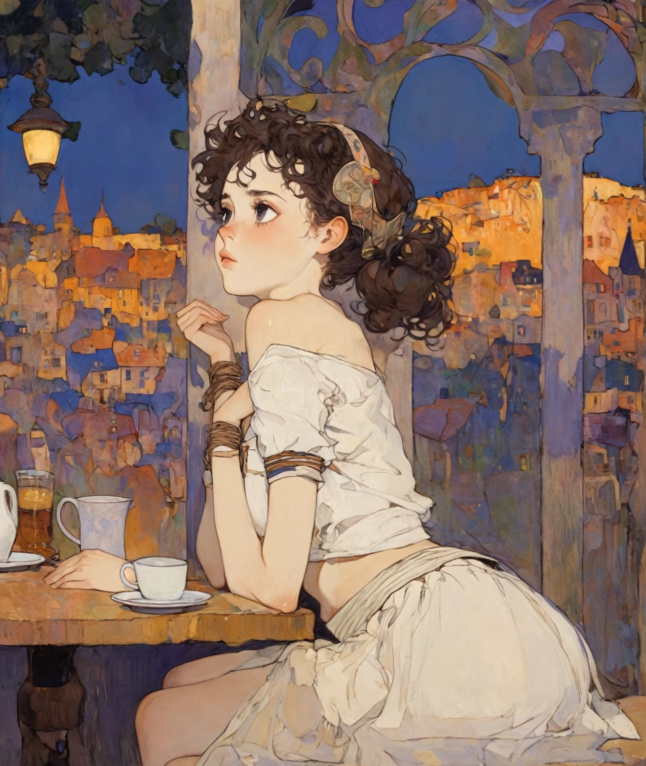 1 girl, forehead, black curly lower-twintail, black eyes, shy pose, little fat, white medieval uniform, headdress, relax at cafe, nature, midnight, looking away, midriff peek, Decolletage, shirt, skirt, from behind, Egon Schiele: Expressionism style, Gustav Klimt: art-nouveau style