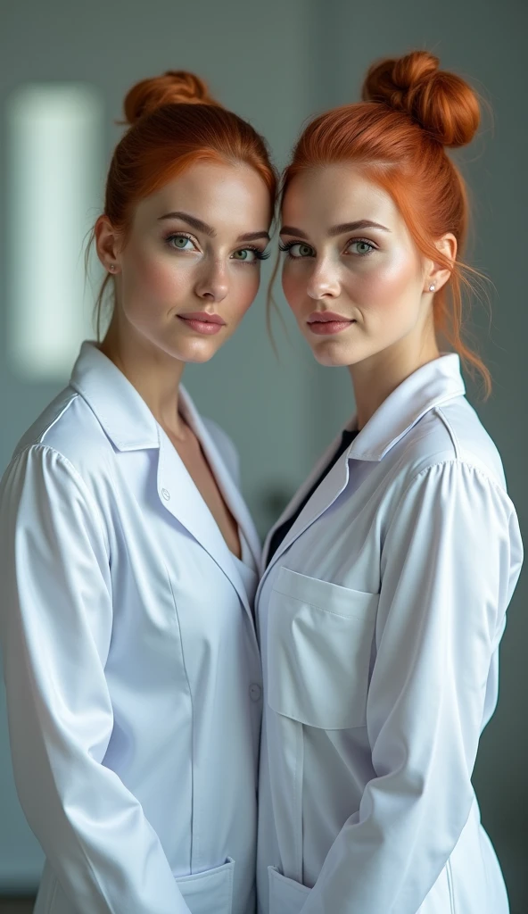 A beautiful young blonde blue eyed woman dressed as a sexy scientist and carrying a notebook stares at another beautiful young red haired naked woman with a barcode label on her arm who sits on a lab table and stares coldly and emotionlessly at the camera., Full body view, front view, Hyper-realistic image quality