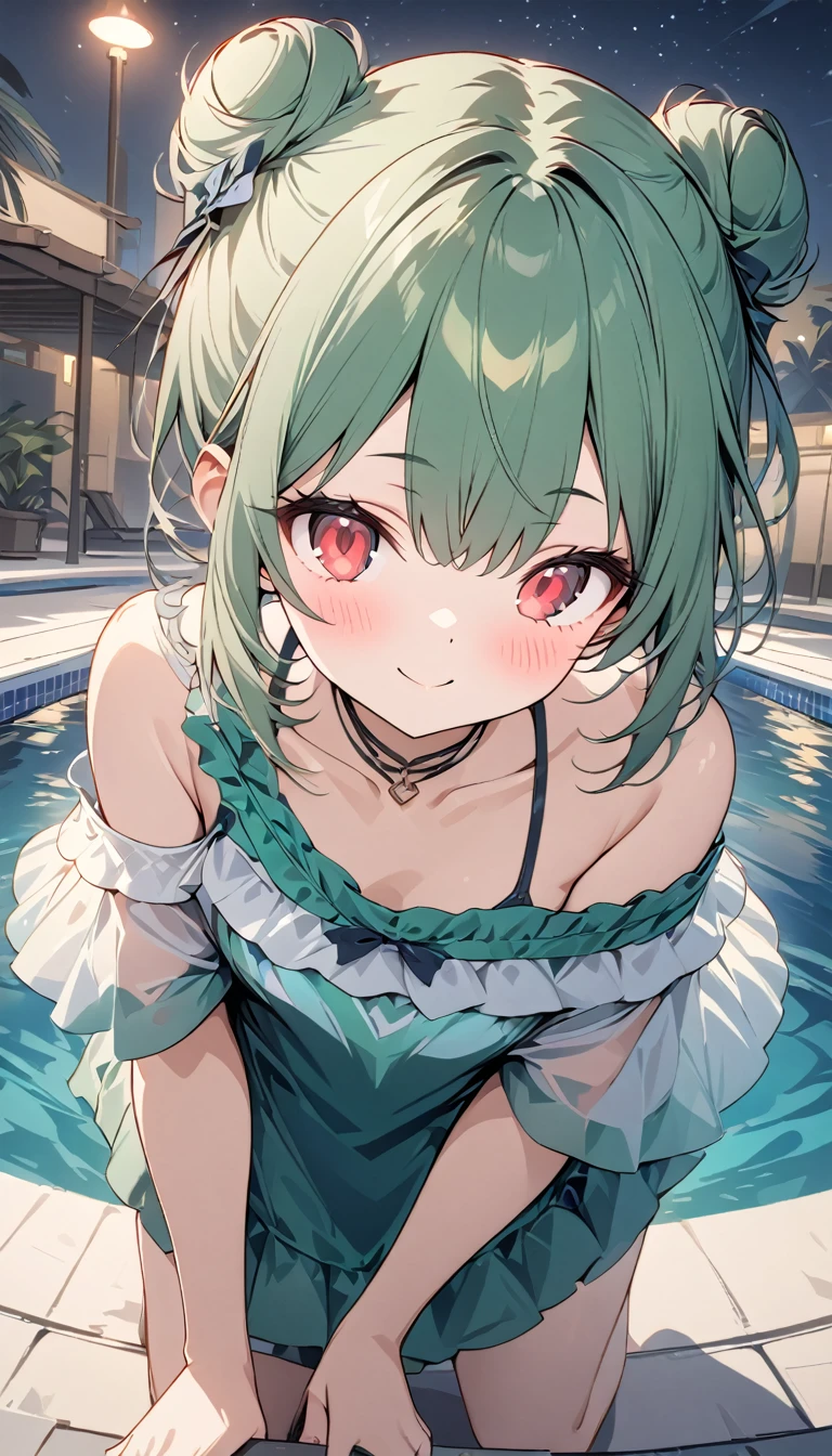 Momoko Sakura style、8K quality、, Best Quality,(((Rushia)))、(((Young Girl)))、(( 1 girl)),( Red Eyes),（Short stature）,((Emerald green hair))、Bun Hair、Young appearance、(( swimsuit))、(Swim ring)、Night Pool、Large pool、romantic,Beautiful night sky,((( exposed shoulder ))),Smiling with mouth closed、Happy Face, 、Avant-garde pop art, Beautiful and expressive paintings,  beautiful artwork illustration, Cool Beauty、 vector art ,  stylish design, (((Best Quality))),  High Resolution , ((masterpiece)), ((Super Details)),（ beautiful skin in NFSW）,(Full body painting)、Beautiful fingertips