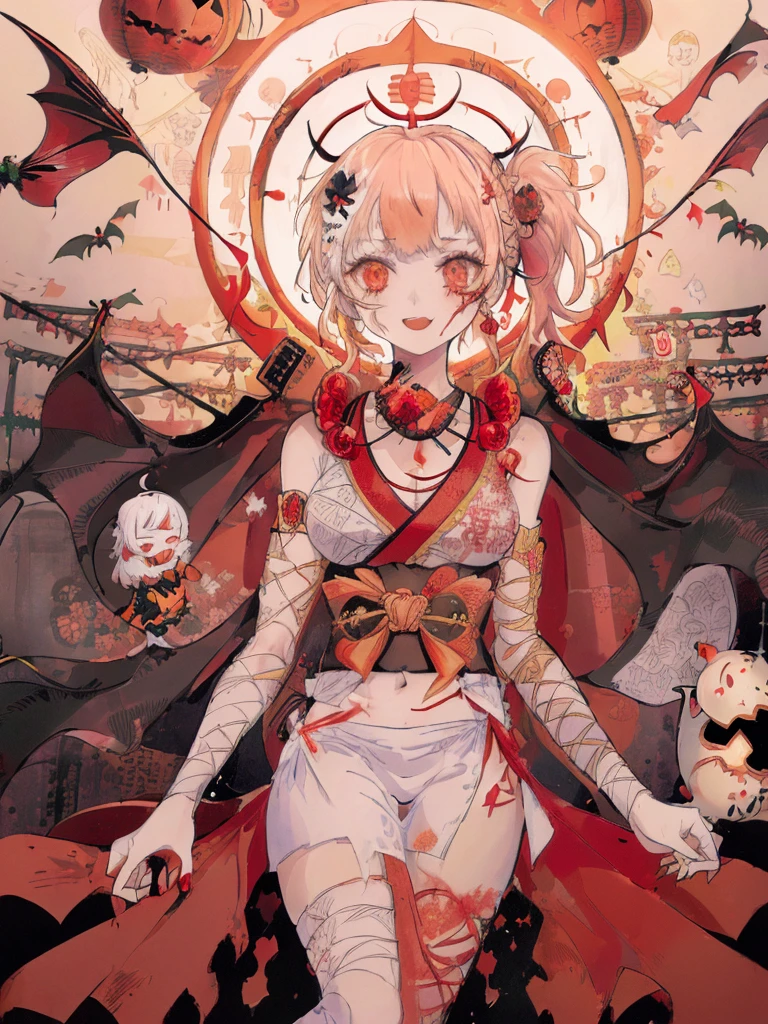 (((  best quality)), ((masterpiece)), ( Details), (Japanese Torii Gate,Shrine grounds,  Japanese festival:1.2),  one mummy girl ,Golden Eyes, Pale skin, red hair,  twin tails,Bandaged arm, bandaged legs ,Bandaged Head,Bandaged neck,Bandaged Chest,Open white kimono , sleeveless,flower pattern, Jack Lantern pattern,Asymmetrical bangs, Crazy Smile ,Red lips,Zombie Makeup,Showing teeth, opens her mouth,  Jack O Lantern Hair Ornament ,  slim figure, Thin chest,Chibi ,Japanese bat lanterns,  Bats Are Flying ,Mini-ghosts are dancing