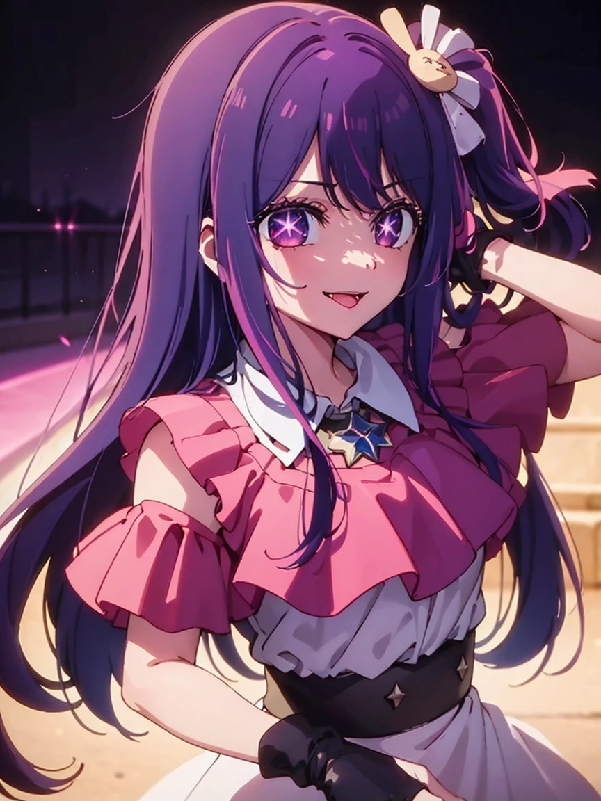 Hosino Ai, gloves, tongue sticking out, tongue, long hair, star (symbol), watch viewer, (purple hair: 1.2), purple eyes, upper body, hair ornament, ruffles, pink shirt, smile, sleeveless, shirt, idol, symbol shaped pupil, bangs, one side up, star-shaped pupils,  roaring twenties, isometric, from above, full body, rembrandt, Illustration, detail, depth of field, looking at the viewer, , tongue out, highest quality, high resolution.