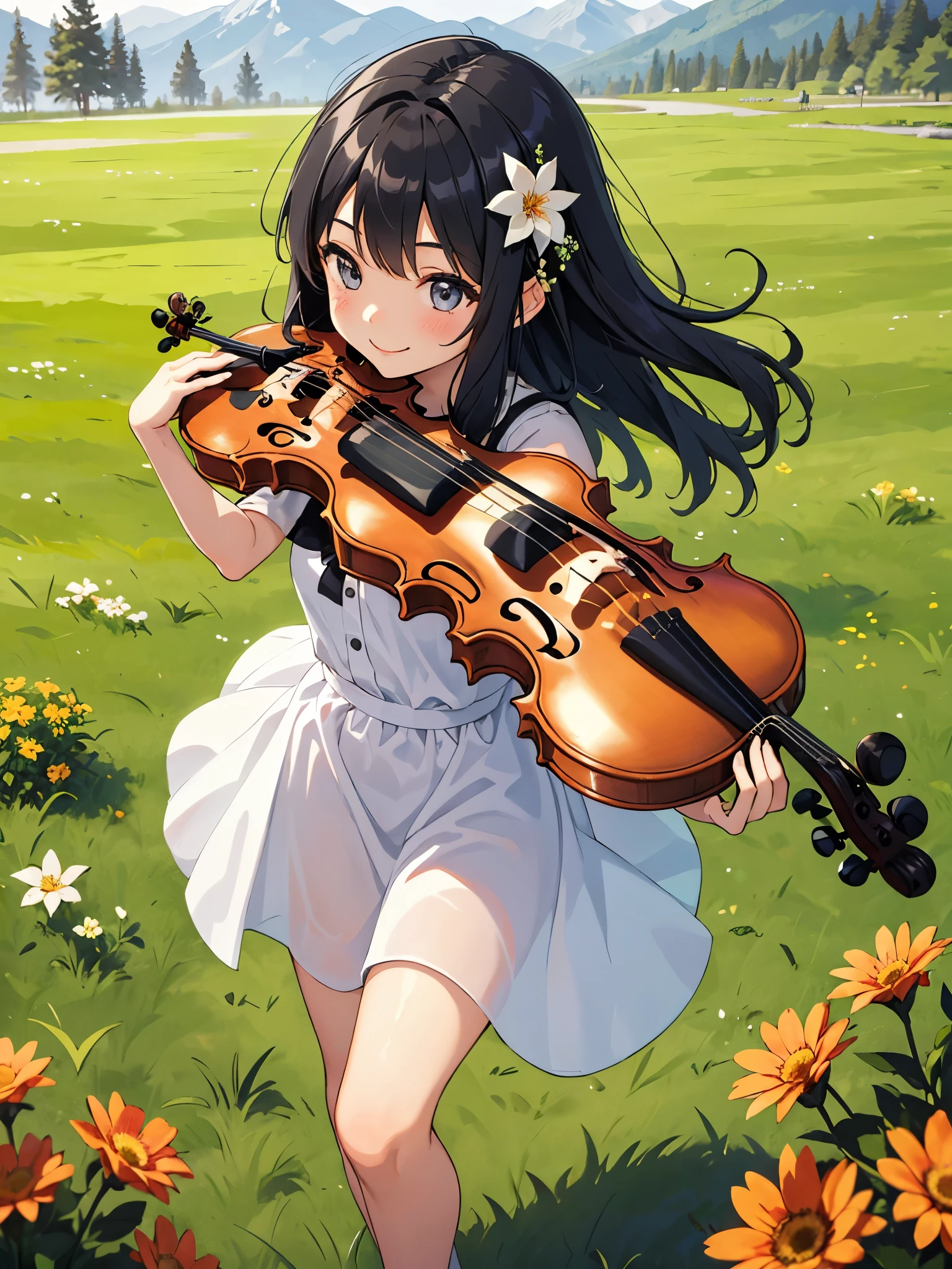 Cute 1 girl, Violin playing, smile, slim, dress, Outdoor, In nature, Mountain々,  grassland, flower, null, Floating Hair