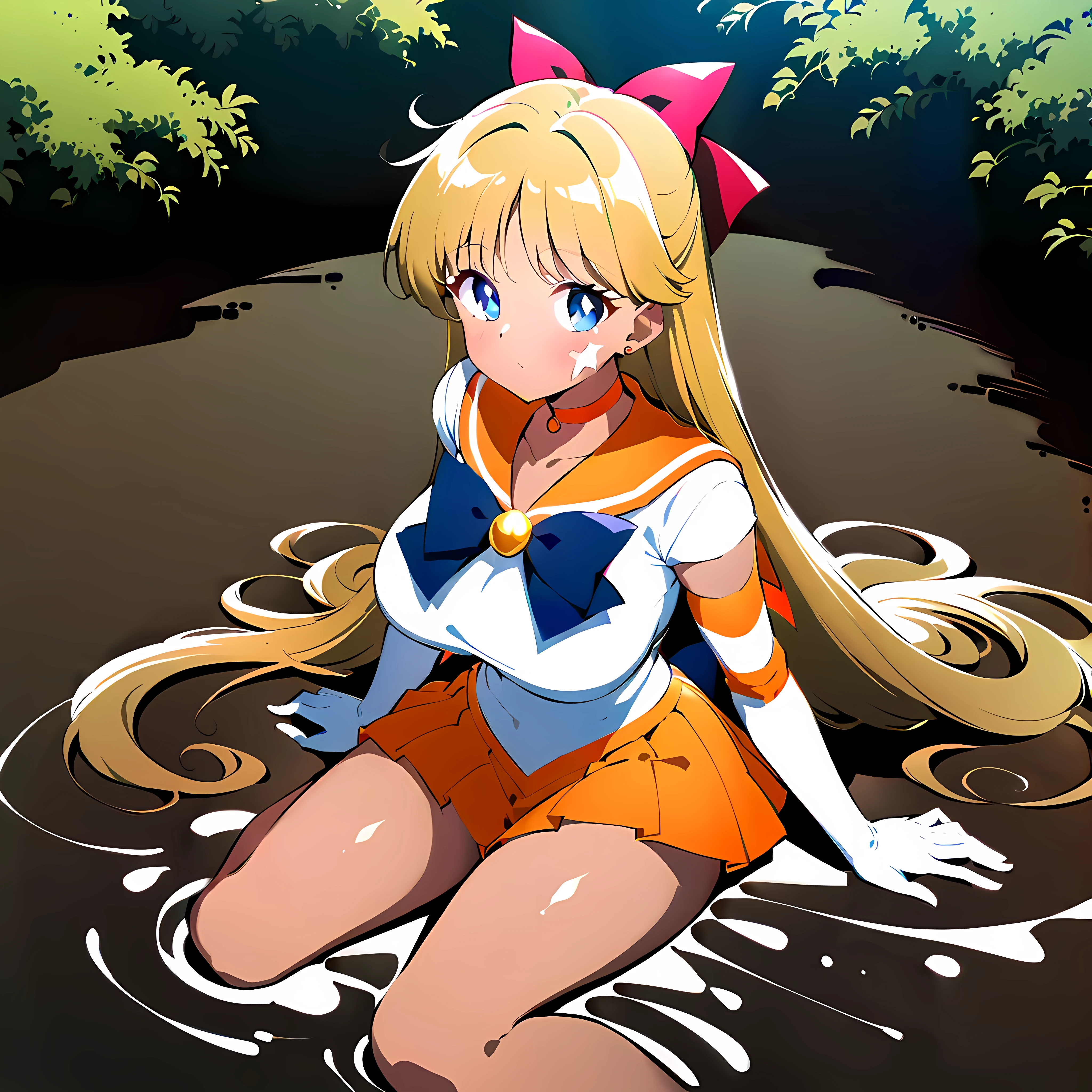 1girl, Alone, aavenus, long hair, blonde hair, hair bow, tiara, earrings, blue eyes, orAnge choker, orange sailor collar, blue bow, white shirt, elbow gloves, white gloves, pleated skirt, orange skirt, Bare legs, In the quagmireに横たわる, Covered in mud, In the quagmire, Get dirty with mud, masterpiece:1.2, Highest quality, Highest quality, Winner of numerous top awards, Perfect Anatomy, huge breasts, Beautiful Skin, Dark tan skin:1.55, sploshing, messy, covered, gunging, slime, mud, quicksand, outdoors, partially submerged, dirty face