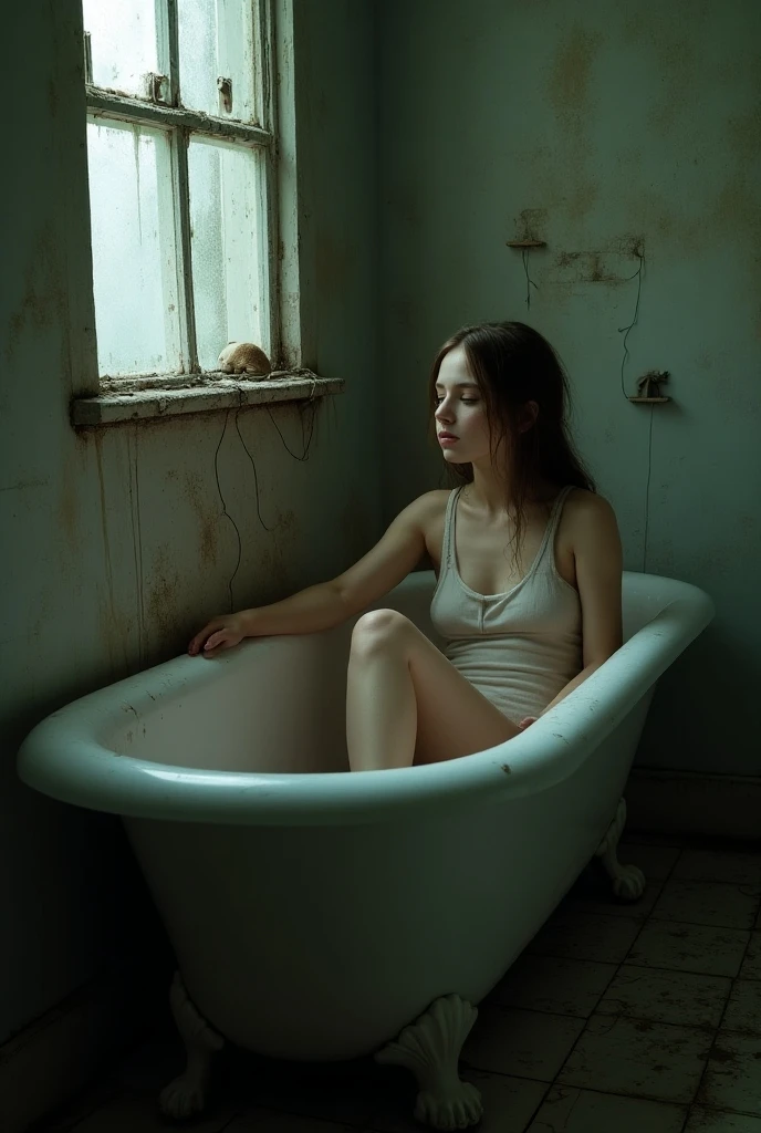Nude Sadie Sink with long hair with feet without clothes undressed sitting on toilet with window over house with night in lights