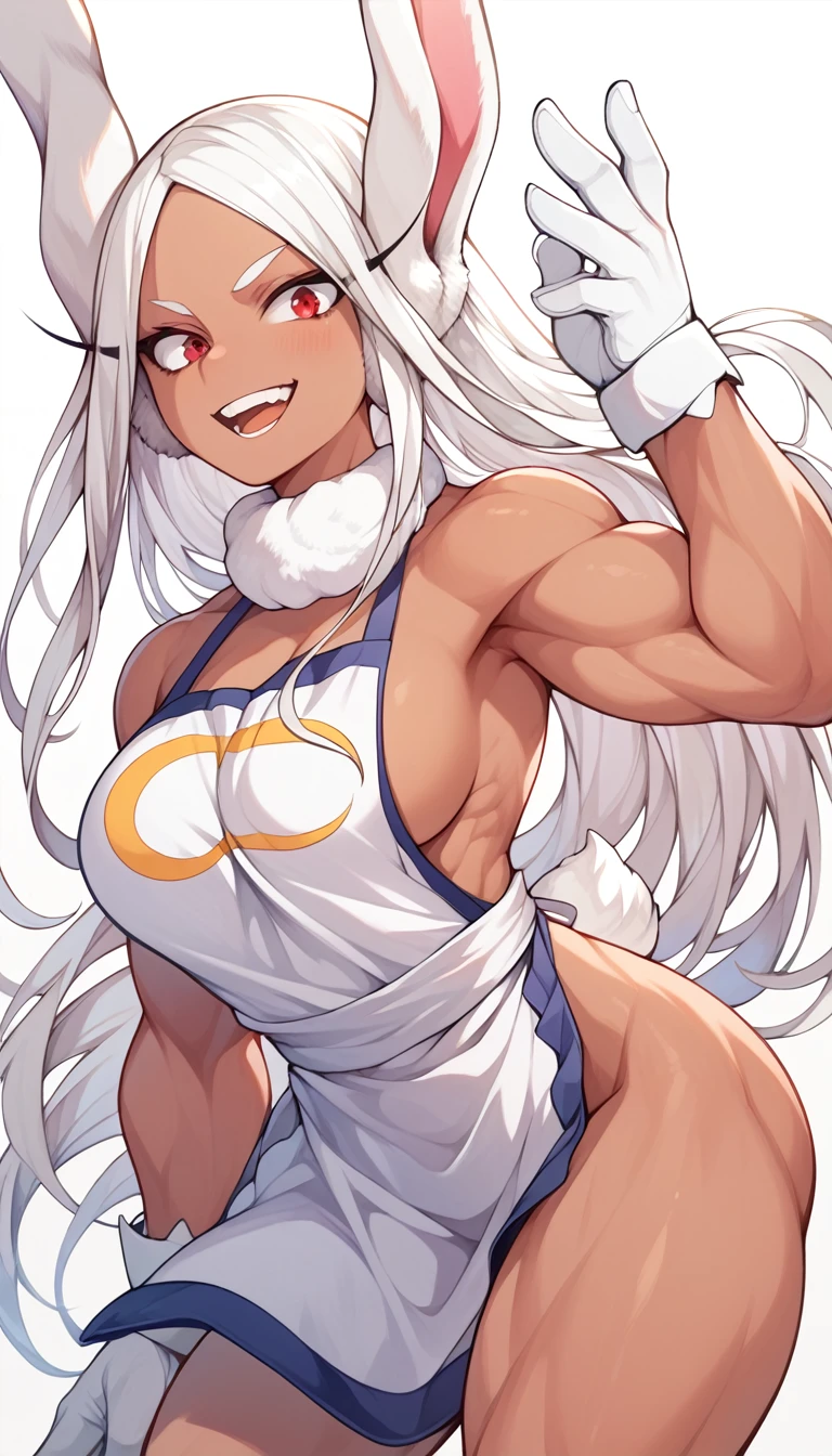 rumi usagiyama, long hair, animal ears, white hair, dark skin, rabbit ears, dark-skinned female, muscular, rabbit girl, muscular female, red eyes, parted bangs, Suspender Naked Apron, nude