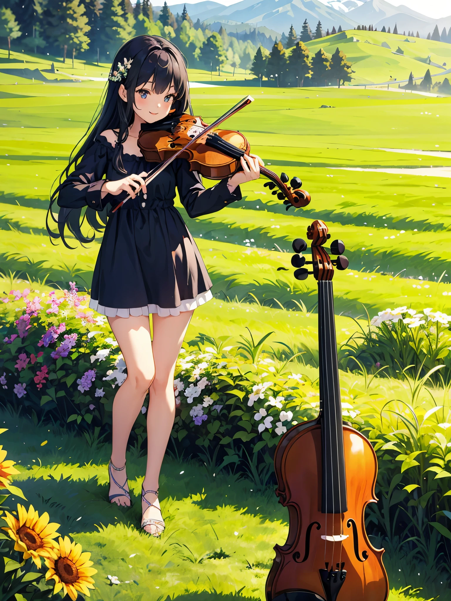 Cute 1 girl, Violin playing, smile, slim, dress, Outdoor, In nature, Mountain々,  grassland, flower, null, Floating Hair