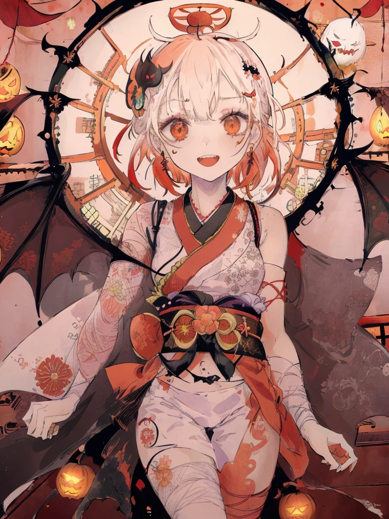 (((  best quality)), ((masterpiece)), ( Details), (Japanese Torii Gate,shrine,  Japanese festival:1.2),  one mummy girl ,Golden Eyes, Pale skin, red hair,  twin tails,Bandaged arm, bandaged legs ,Bandaged Head,Bandaged neck,Bandaged Chest,Open white kimono , sleeveless,flower pattern, Jack Lantern pattern,Asymmetrical bangs, Crazy Smile ,Red lips,Zombie Makeup,Showing teeth, opens her mouth,  Jack O Lantern Hair Ornament ,  slim figure, Thin chest,Chibi ,Japanese bat lanterns,  Bats Are Flying ,Mini-ghosts are dancing,Japanese fox mask