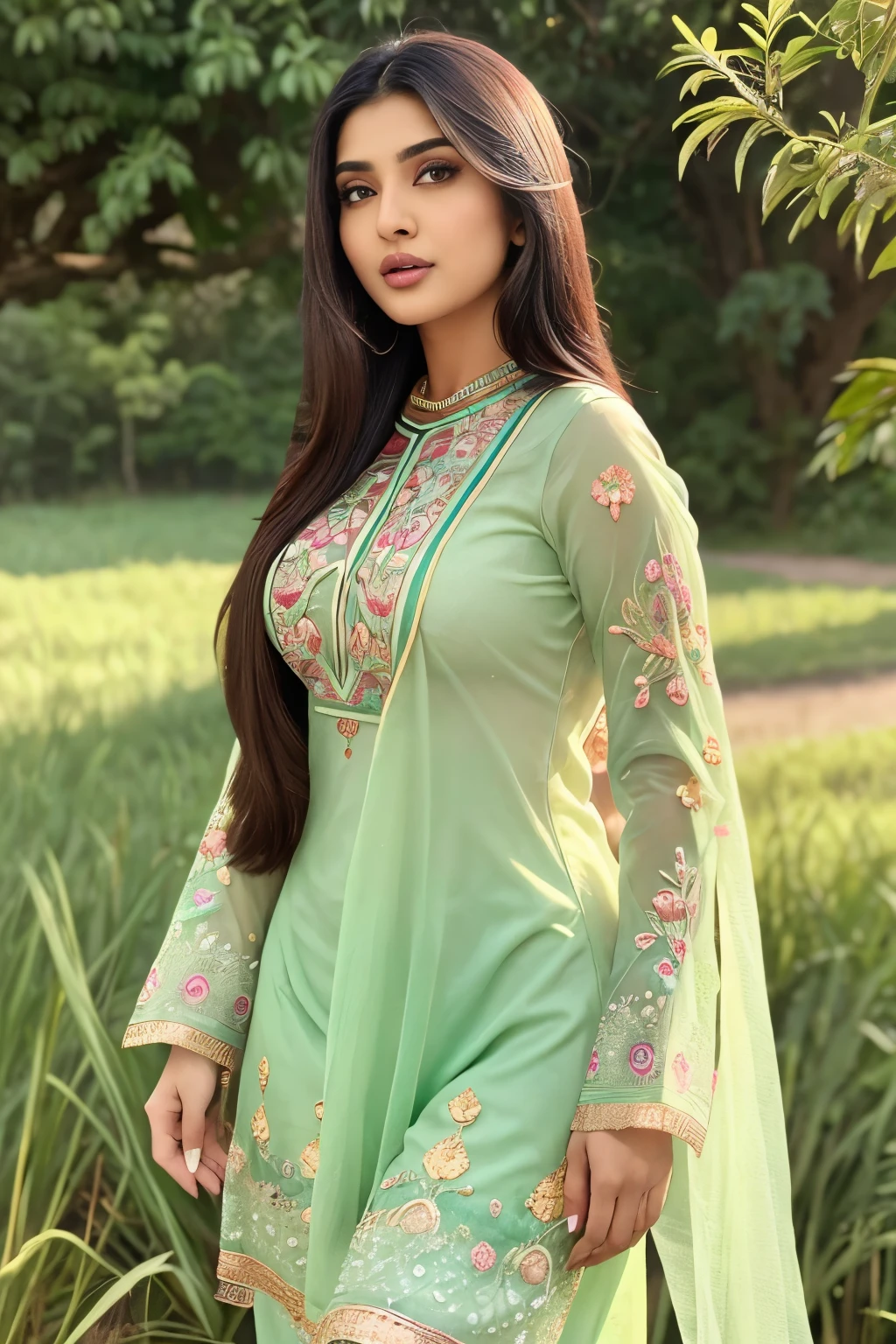 Pakistani hot ladki Yasmeen Khan 31 Sal Umra Badi Chhati Bade chuche Gajab Ka finger Khubsurat intricate embroidered salwar kameez dress, ornate floral dupatta, scenic rural countryside, lush green rice paddy field, warm golden hour sunlight, photorealistic, cinematic, highly detailed