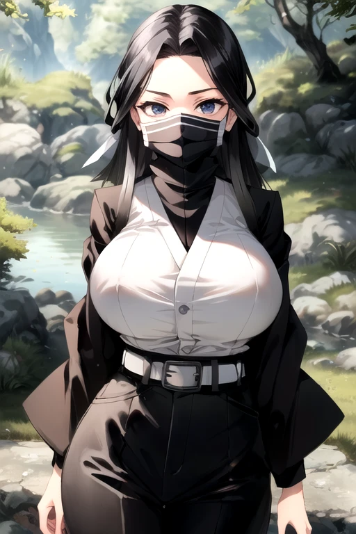 Long hair ,(masterpiece, best quality, ultra detailed, absurdres)1.5, 1girl, (sexy, beautiful woman, perfect face, perfect eyes, perfect female body, huge breasts)1.5, (kakushi_girl, black hair, long hair,belt, horizontal stripes mask, black and white mask, white belt, demon slayer uniform, bandana, short hair, forehead, ), (standing, outdoors, Japanese forest), perfect lighting, smooth, hdr