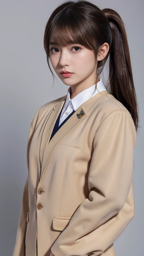 solo,  looks,  High Resolution , masterpiece,  anatomically correct, Best Quality,  ultra-fine,  textured skin,  simple background, woman、Brown hair with bangs, Age 30、(((Japanese high school blazer uniform))),