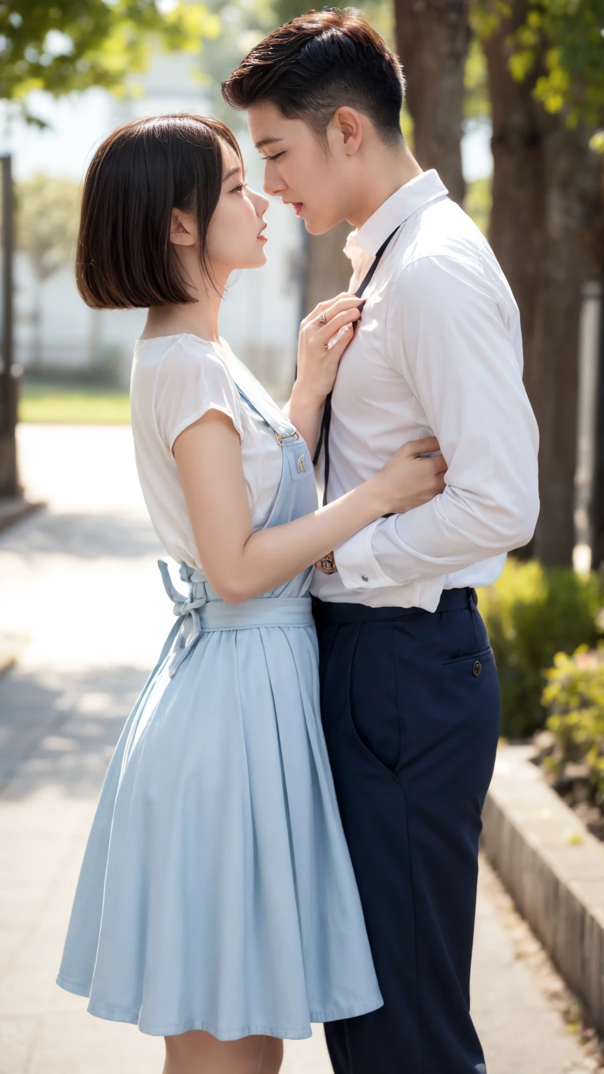 Hugging, beautiful women, handsome men, JK uniforms, ambiguous expressions.