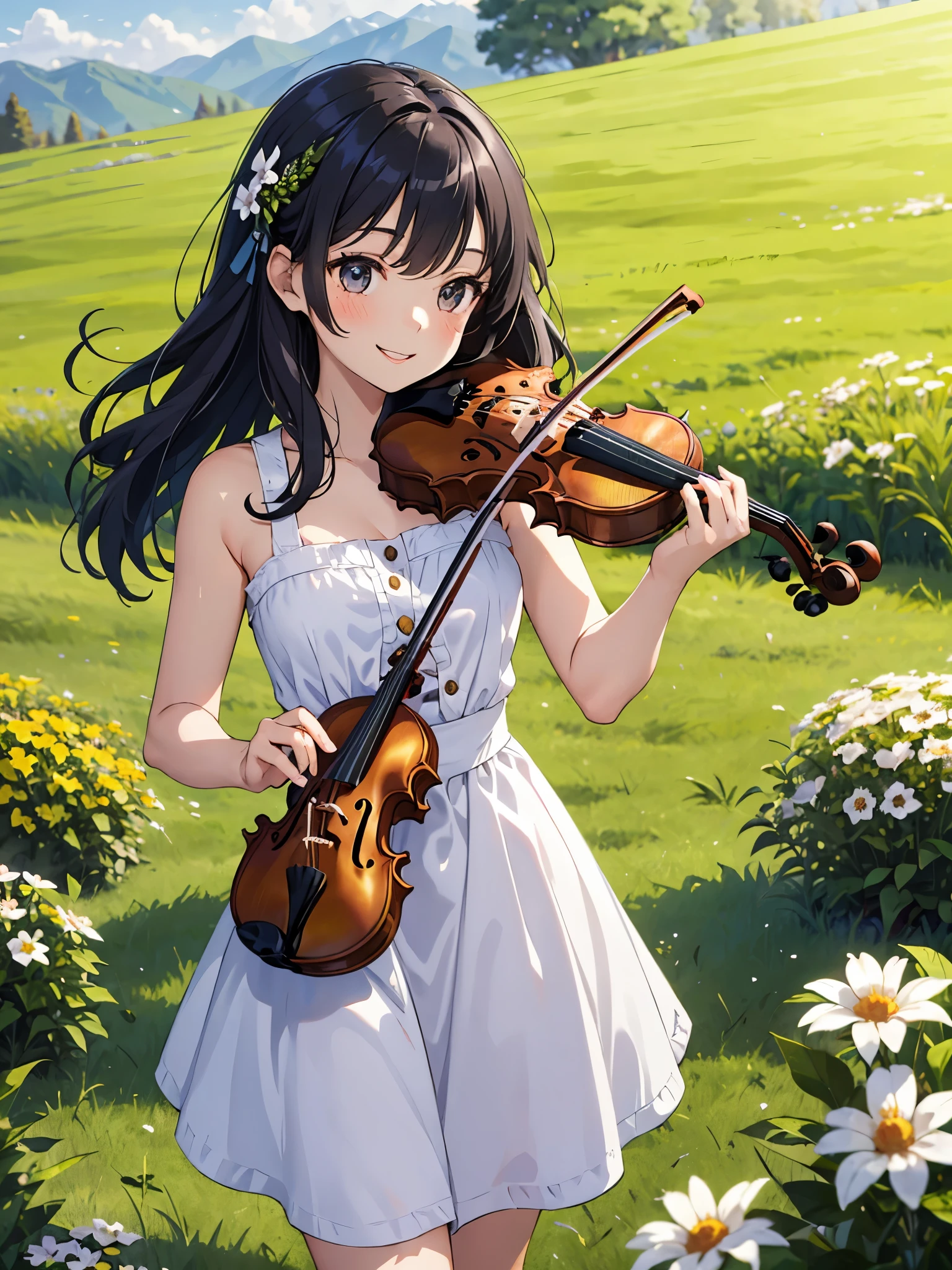 Cute 1 girl, Violin playing, smile, slim, dress, Outdoor, In nature, Mountain々,  grassland, flower, null, Floating Hair