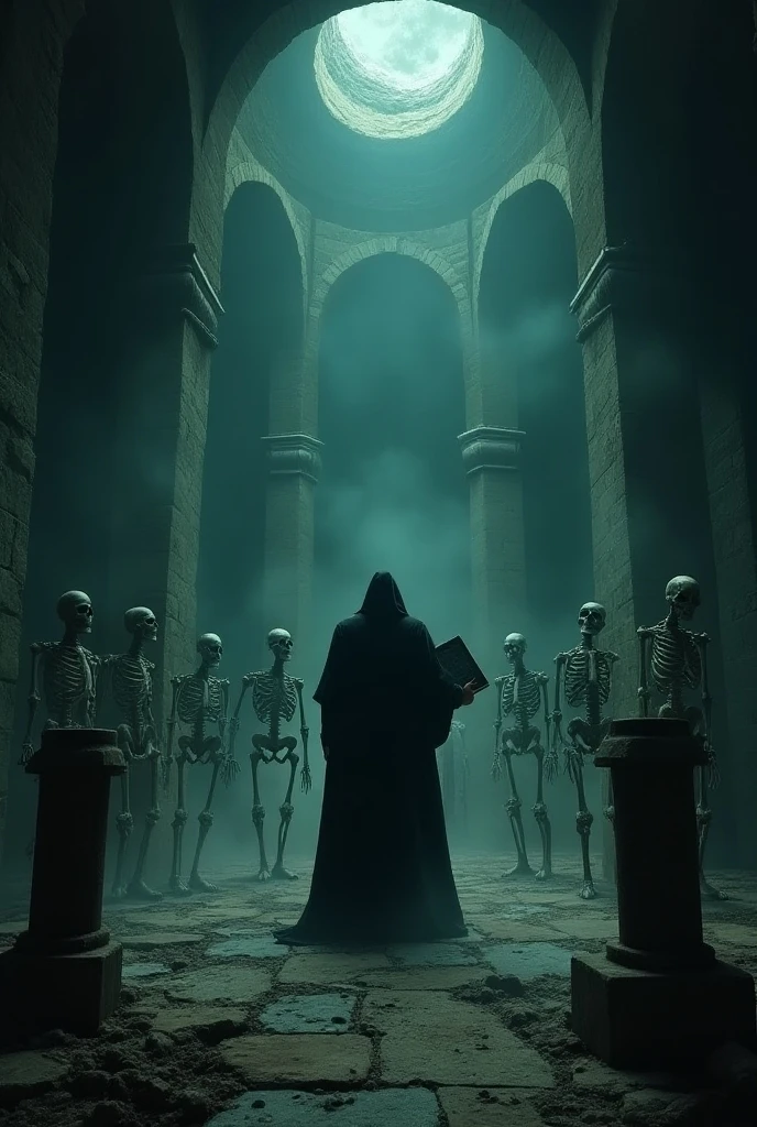 暗い地下墓地で、 follow the undead army summoned by the Necromancer、 performing a dark ceremony 。 he has a black magic book in his hand 、 skeletal soldiers appear from the depths of the graveyard with that power and 、 wandering around in a dark catacomb 。 an ancient tombstone with hundreds of years of history in the background and 、 corrupt coffins are lined up