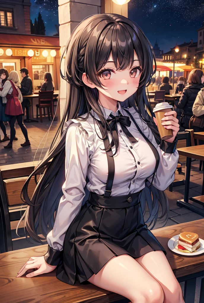  1 girl, solo,  High Resolution , Long Hair, (Large Breasts),  looks,  blushes, smile, Black Hair, masterpiece, accurate,  anatomically correct,  Multiple Award Winners ,  detail,  high definition models, 高い detail, high quality,  very detailed , Retina,  textured skin,  ultra-fine, whole body, Italian cityscape,  pink blouse,  black miniskirt in an autumn park, Brown long boots, Italian cafe , autumn, night, Starry Sky, Terrace seats, Cooking on the desk,  sit on a chair,  brown eyes , smile, Open your mouth,Accentuate your lower body, Bare legs, holding a coffee cup, Dark Eyes, Hime cut, , ,