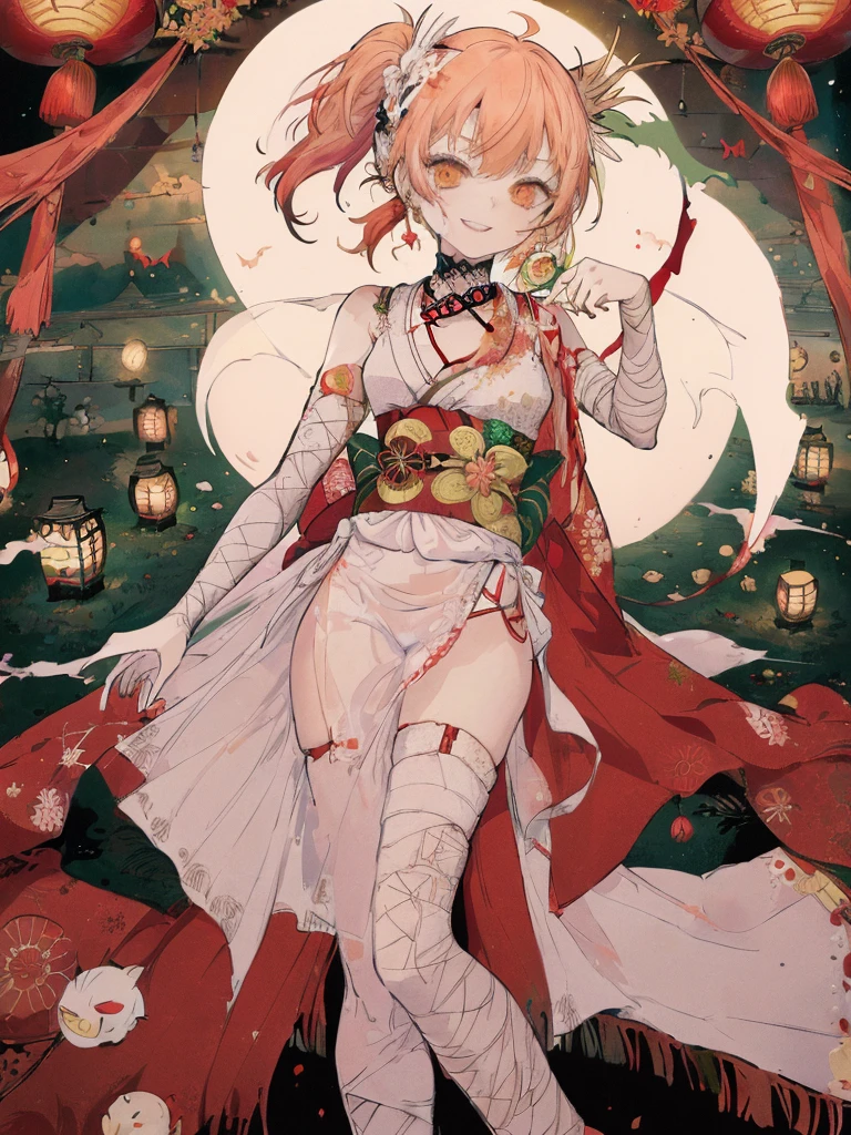 (((  best quality)), ((masterpiece)), ( Details), (shrine,  Japanese festival:1.2),  one mummy girl ,Golden Eyes, Green Skin, red hair,  twin tails,Bandaged arm, bandaged legs ,Bandaged Head,Bandaged neck,Bandaged Chest,Open white kimono , sleeveless,Asymmetrical bangs, Crazy Smile ,Red lips,Zombie Makeup,Showing teeth, opens her mouth,  slim figure, Thin chest,Chibi ,Japanese bat lanterns,  Bats Are Flying ,Mini Ghost,Little white fox ,Back view, points her butt at the camera